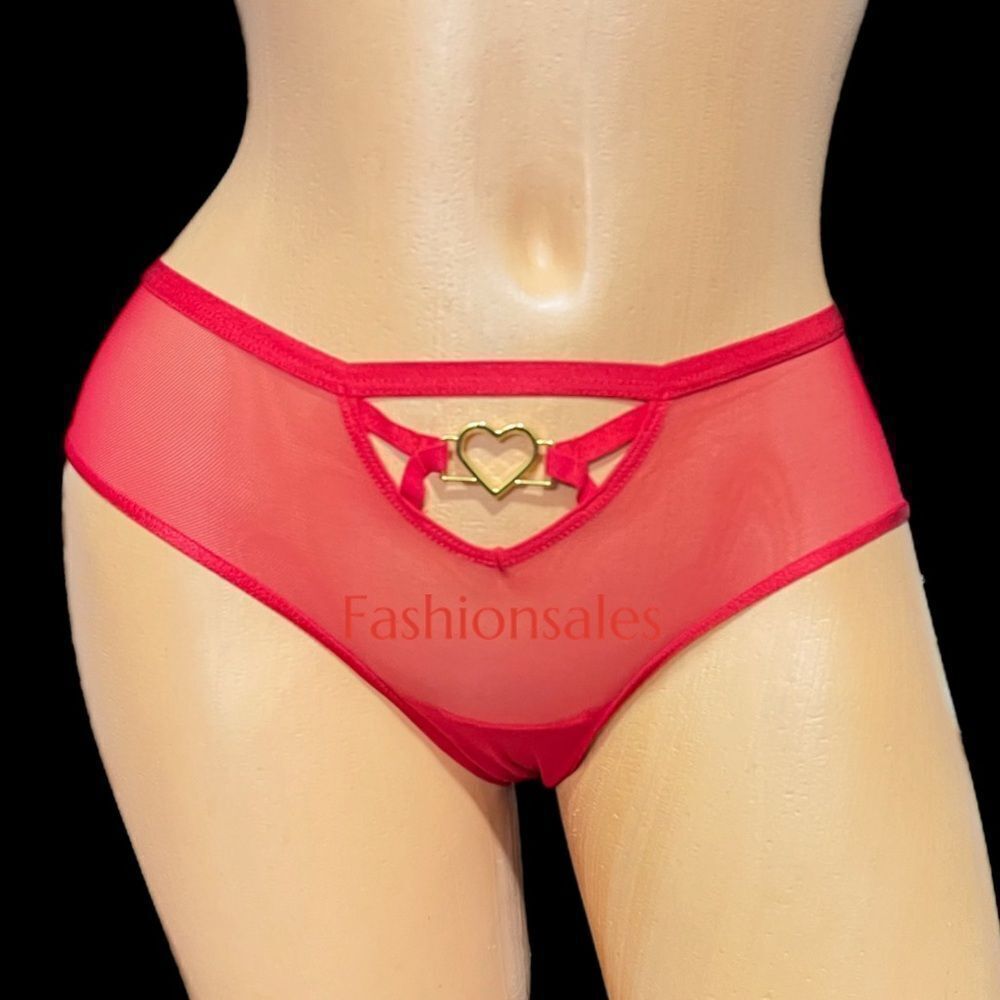 Victorias Secret Sexy Sheer Mesh Metallic Hardware Heart Cheeky Panty Red Small
